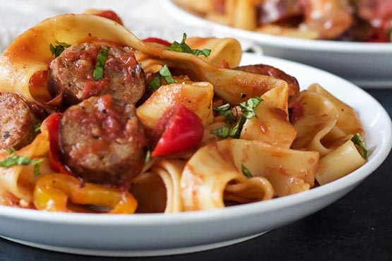 Recipes with Italian sausage . Tomato Pappardelle Pasta with Italian Sausage and Peppers