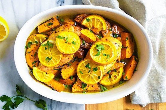 Recipes with potatoes and chicken . Healthy Lemon Chicken and Sweet Potatoes