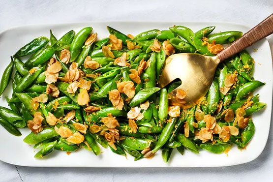 Sautéed Sugar Snap Peas with Orange Zest and Buttery Almonds