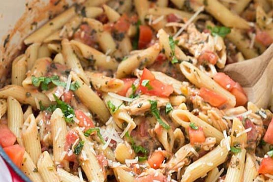 Healthy rotisserie chicken recipes . 20-Minute Tuscan Chicken with Penne Pasta