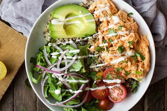 Healthy rotisserie chicken recipes . Buffalo Chicken Quinoa Bowls