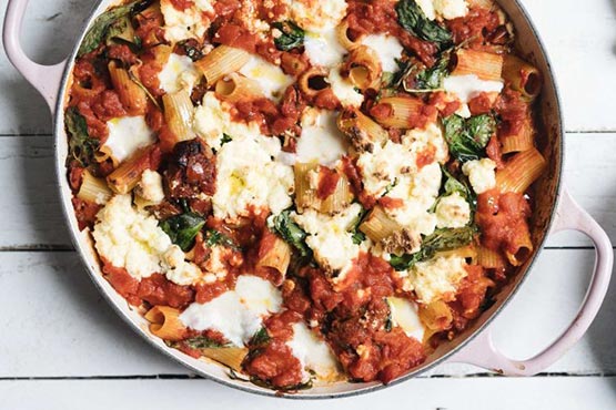 Winter comfort food recipes . Pasta bake with spinach, ricotta and tomato sauce