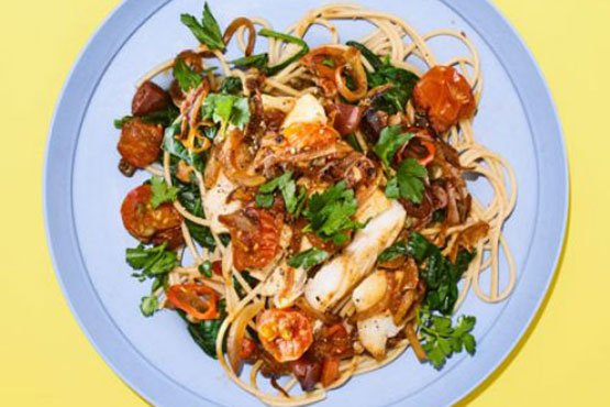 Cod puttanesca with spinach & spaghetti