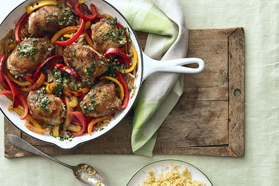Crispy Chicken Thighs with Peppers and Salsa Verde