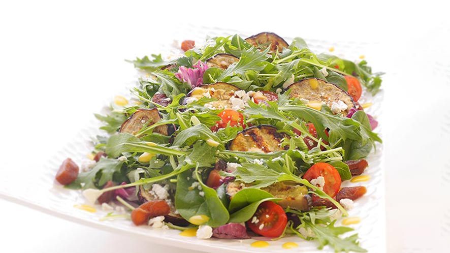 Mesclun with Herbs & Aubergine Steaks with Apricot & Feta Recipe